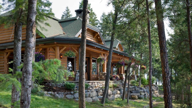 Exterior, horizontal, lake elevation of main house, Bain residence, Lakeside, Montana; Greg Bain & Company eagles cove custom home lakeside montana