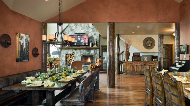 flathead lake retreat kitchen dining fireplace