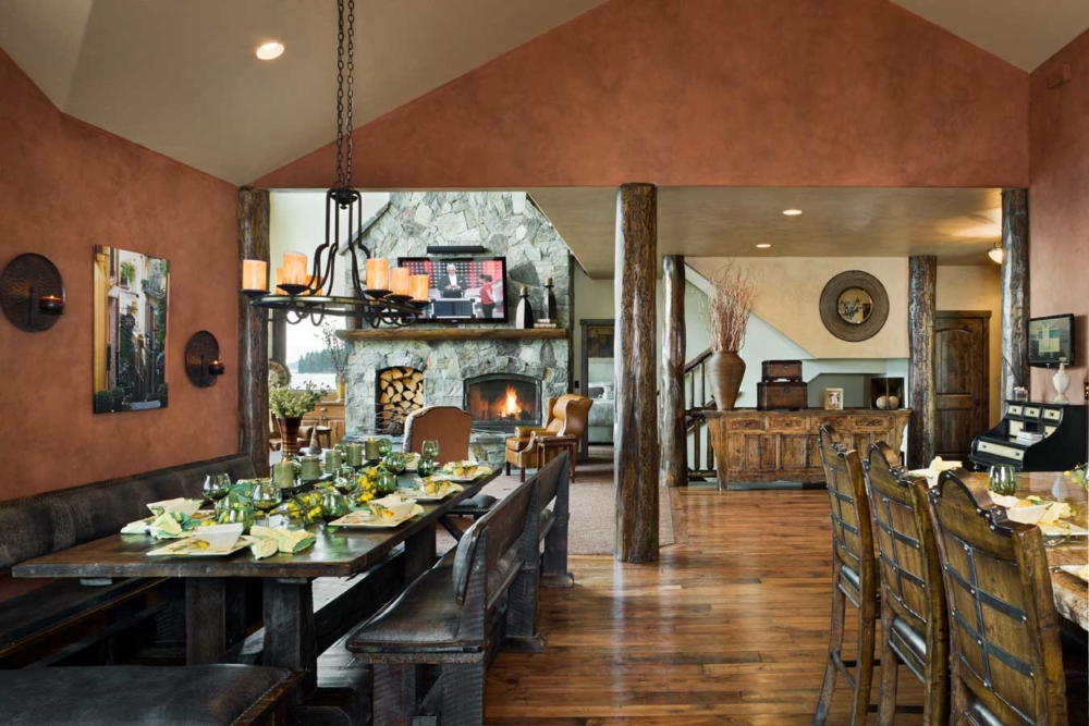 flathead lake retreat kitchen dining fireplace