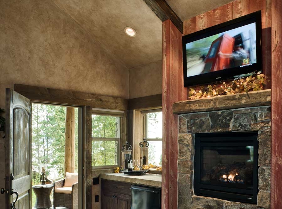 flathead lake retreat master bedroom fireplace