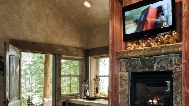 flathead lake retreat master bedroom fireplace