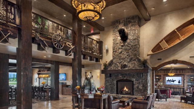 Interior, horizontal, lobby toward fireplace and breakfast room, Country Inns & Suites, Kalispell, Montana; Greg Bain & Company kalispell builder country inn grand entry