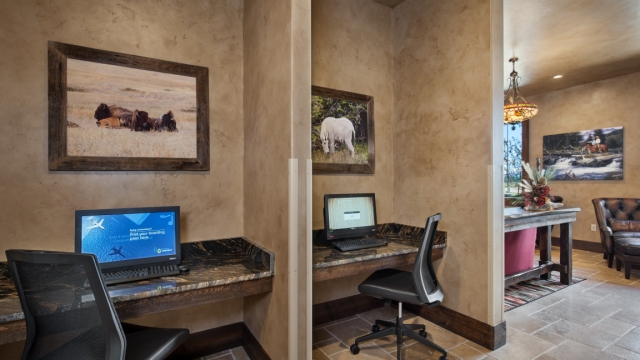 Interior, horizontal, computer stations adjacent to library, Country Inns & Suites, Kalispell, Montana; Greg Bain & Company kalispell builder country inn work stations
